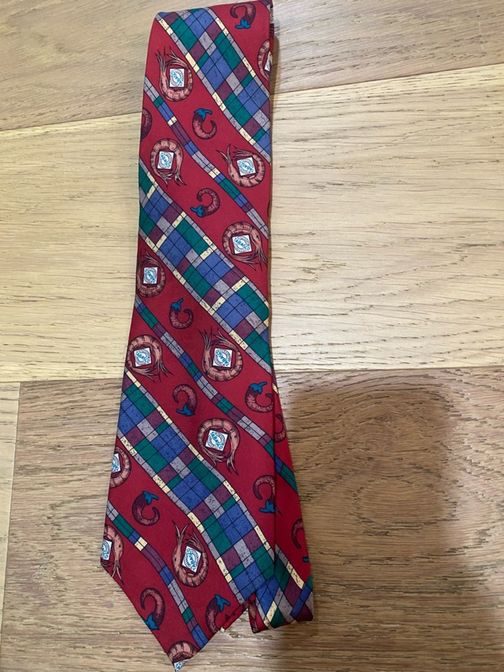 Vintage Tabasco Brand "Louisiana Shrimp" red silk men’s novelty necktie. EUC